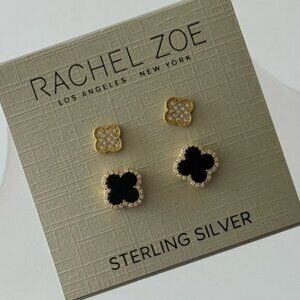 Rachel Zoe Set of 2 Mini earrings Clover Sterling silver 925 Gold Plated W Onyx